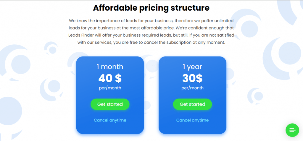 Leads Finder offers an affordable pricing structure